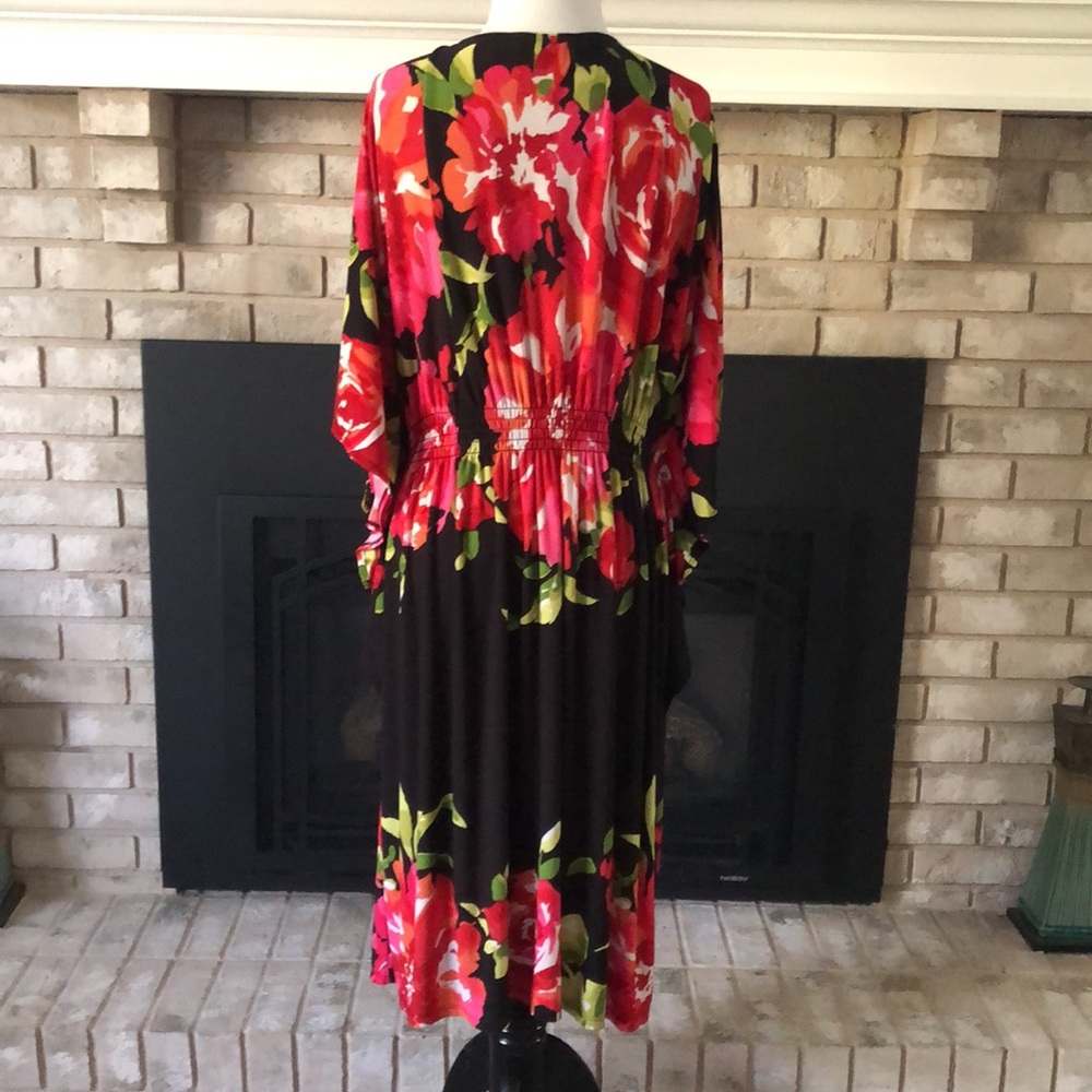 Robbie Bee Black Red Pink Batwing Elastic Waist V-Neck Dress size 1X - Picture 7 of 11